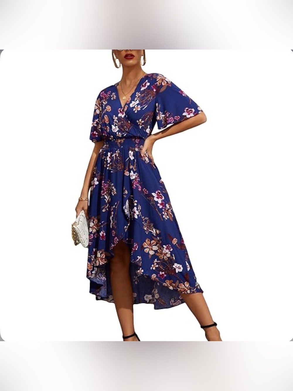 Floral V-Neck High-Low Dress in Royal Blue